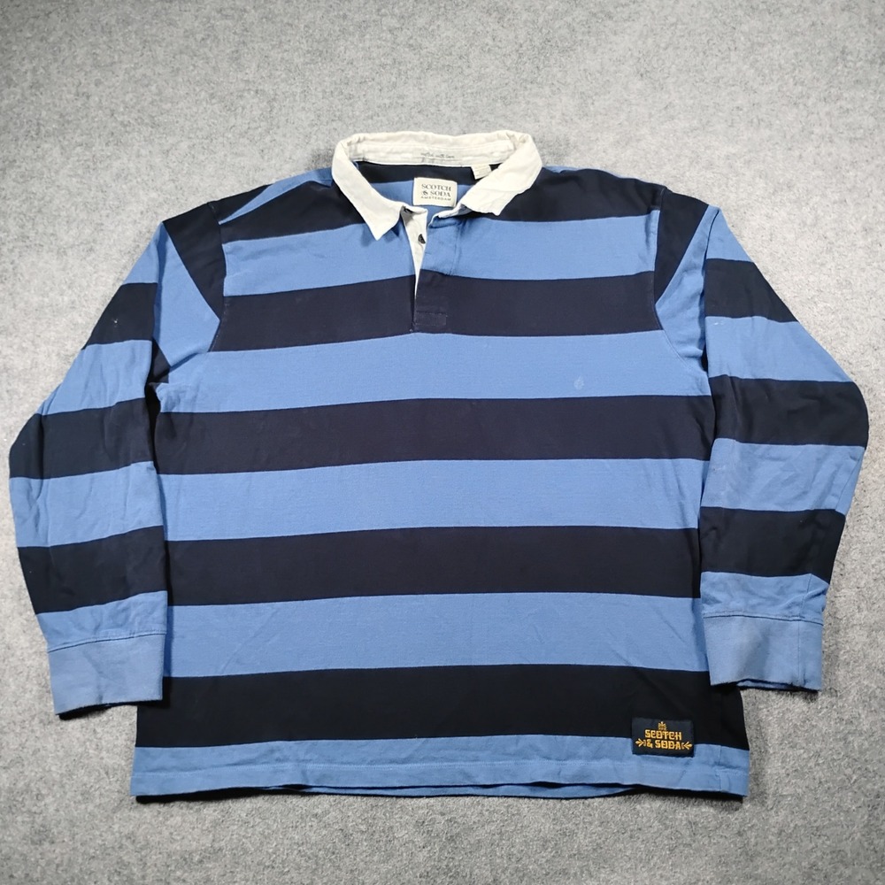 Scotch & Soda Men's Blue Striped Long Sleeve Cotton Rugby Polo Shirt Size XL
